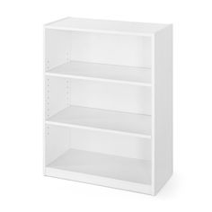 a white bookcase with three shelves on each side