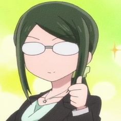 an animated image of a woman with green hair and glasses holding her finger up in front of her face