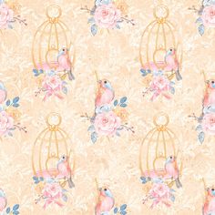 a bird in a cage with flowers and leaves on a beige background that is seamless