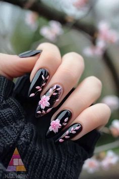 Black Cherry Blossom Nails, Black Nails Pink Flowers, Nail Cherry Blossom, Cherry Blossom Almond Nails, Nail Art Cherry Blossom, Japanese Cherry Blossom Nail Art, Acrylic Nails Cherry Blossom, Cherry Blossom Nails Acrylic, Blossom Gel Nails