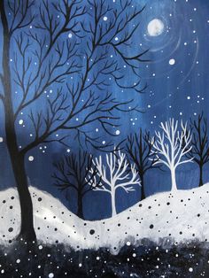 an acrylic painting of trees and snow at night