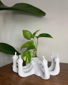 a plant is growing out of a white sculpture on a wooden table next to some hands