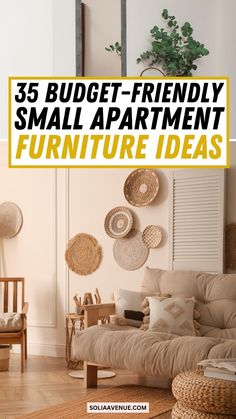 a living room filled with furniture and baskets on the wall