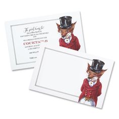 two greeting cards with an image of a cat wearing a top hat and red coat