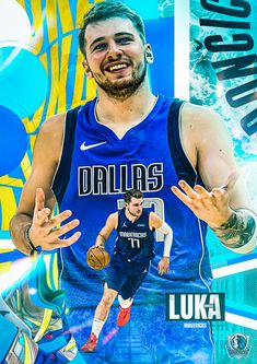 the basketball player is smiling and holding his hands out in front of him, while wearing a blue uniform