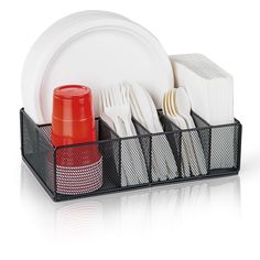 an organized dish rack holds dishes and utensils