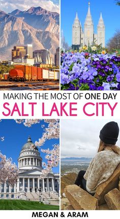 the salt lake city skyline is shown in four different pictures, including mountains and flowers