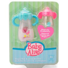 baby alive magic milk and juice bottles in plastic packaging with magnets on the lids