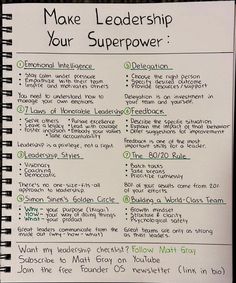 a notepad with writing on it that says, make leadership your super power