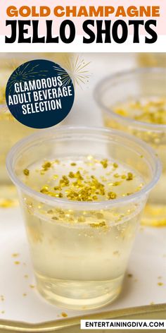 champagne jello shots with gold sprinkles in plastic cups