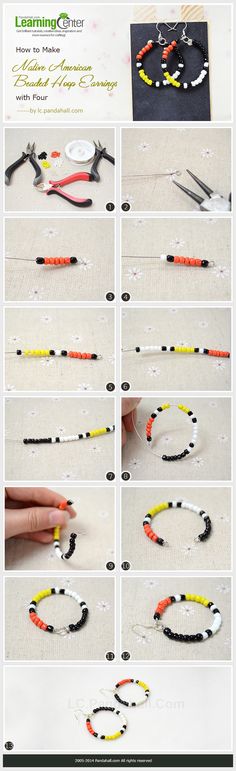 the instructions for making beaded bracelets with scissors and beads are shown in several different ways