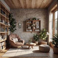 a living room filled with furniture and bookshelves next to a window covered in plants