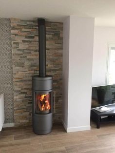 a wood burning stove in a living room