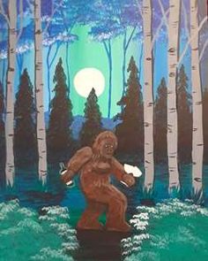 a painting of a bigfoot standing in the woods with trees and moon behind it