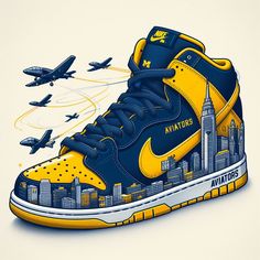 a pair of sneakers with an image of the city and planes flying over them on a white background