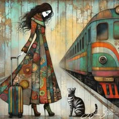 a painting of a woman with luggage and a cat waiting for the train to stop