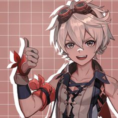 an anime character with blonde hair and goggles holding up two fingers in front of a tiled wall