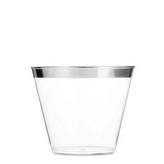 a clear glass cup with a silver rim on a white background for use as a vase