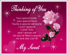 a pink card with white roses on it and the words'thinking of you '