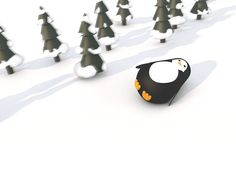 a penguin is standing in the middle of a line of small trees with snow on them