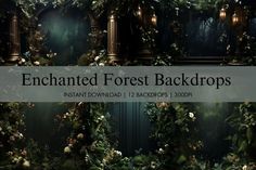 an image of a forest background with flowers and plants on the front, and text that reads enchanted forest backdrops instant down below