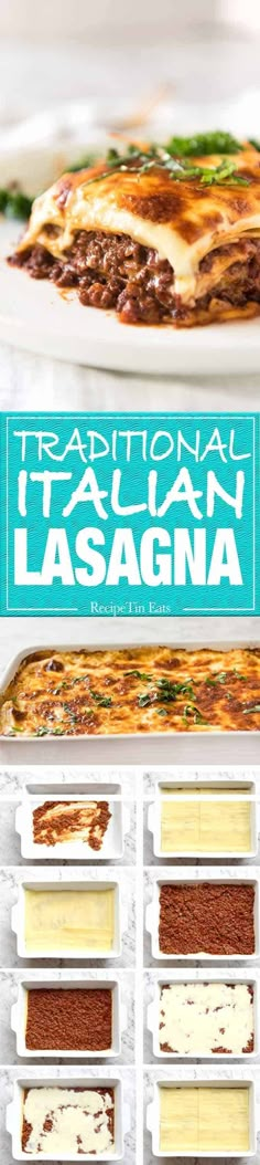 the cover of traditional italian lasagna with different types of sauces on it