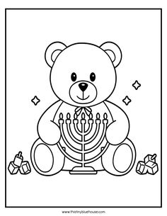 a black and white drawing of a teddy bear with a menorah