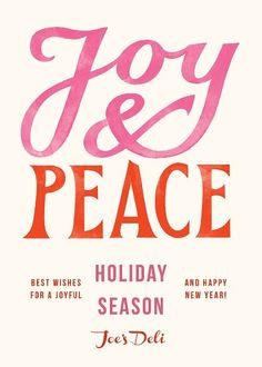 a holiday card with the words joy and peace written in red on it, against a white background