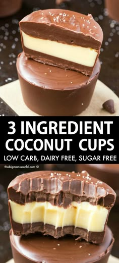 two pieces of chocolate and vanilla ice cream on top of each other with the words keto chocolate coconut cups