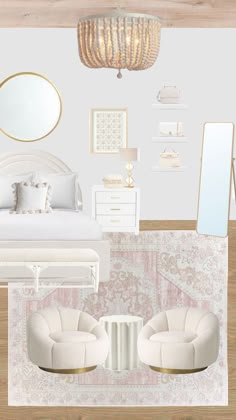 the interior of a bedroom with white furniture and accessories, including a chandelier