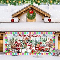 a christmas scene with snowman, santa clause and firetruck in front of a building