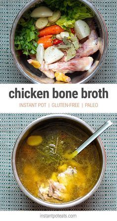 chicken bone broth in a bowl with carrots and celery