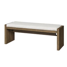 a wooden bench with a white cushion on it