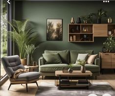 Green Wall Decor Ideas, Minimalist Bohemian Living Room, Boho Living Room Decor, 아파트 인테리어, Green Home Decor, Home Design Living Room