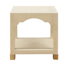 a small wooden table with an arch on the top and bottom shelf in beige linen