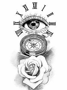 an all seeing eye with a rose in the foreground and clock on top of it