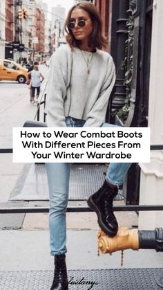 Outfits Ideas With Combat Boots, Womens Combat Boots Outfit Winter, Jeans And Combat Boots Outfit Winter, Ankle Winter Boots, Women’s Black Combat Boots Outfit, Combat Boot Winter Outfits, How To Style Combat Boots Fall Outfits, Chic Combat Boots Outfit, Combat Boots Over 50