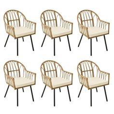 six chairs with white cushions and black legs, all in different shapes and sizes on a white background