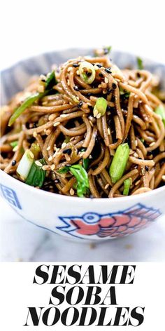 sesame noodle salad in a bowl with the words sesame noodle salad above it