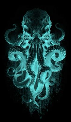 an octopus is glowing in the dark with its tentacles curled up to it's head