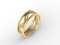 a yellow gold ring with diamonds in the middle and an intricate design on the side