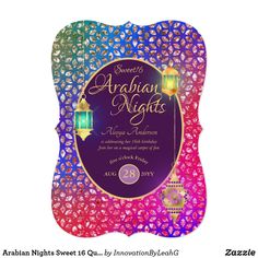 an arabian nights party with colorful lights on the front and side of the card, which reads