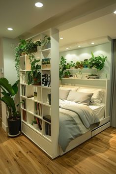 a bedroom with a bed, bookshelf and plants on the shelves in it