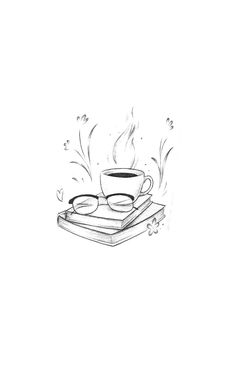 a black and white drawing of a cup of coffee on top of a stack of books