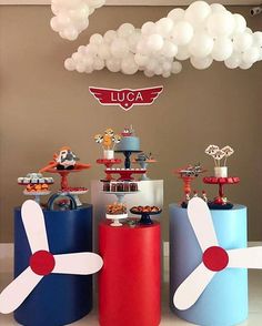 an airplane themed birthday party with balloons and decorations