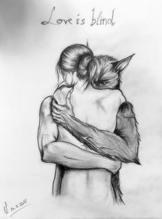 a drawing of a woman hugging a cat with the words love is blind written on it