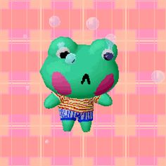 an animal crossing game character with pink and green plaidered wallpaper in the background