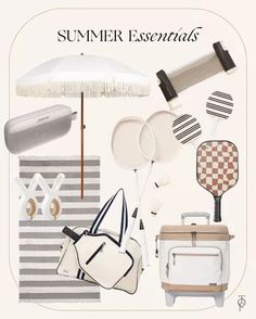 an advertisement for the summer essentials range, including tennis racquets and other accessories