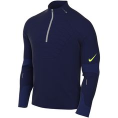 the nike dry - fit top is shown in dark blue with neon green and white accents