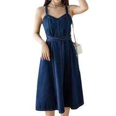 Dark Wash Mini Denim Dress For Summer, Sleeveless Dark Wash Summer Midi Dress, Casual Sleeveless Dark Wash Midi Dress, Non-stretch Denim Dress In Dark Wash, Casual Dark Wash Cotton Midi Dress, Non-stretch Dark Wash Midi Dress, Casual Dark Wash Midi Denim Dress, Dark Wash Non-stretch Midi Dress, Non-stretch Dark Wash Denim Dress